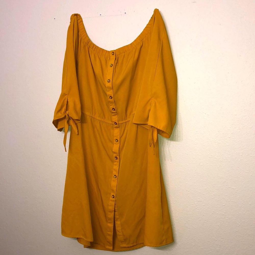 Mustard Off the Shoulder Button Down Shift Dress